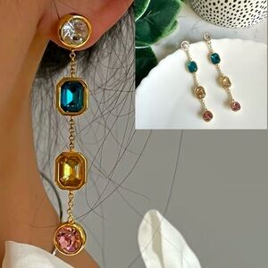 2/$30🌵 Colorful Crystal Jewel Dangle Earrings Gold Circle Rectangle Jewelry NEW